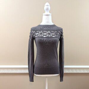 Lux Anthropologie Sweater plum with floral crochet detail S